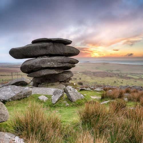 Granite rock formation on the moor at sunset, West Cornwall